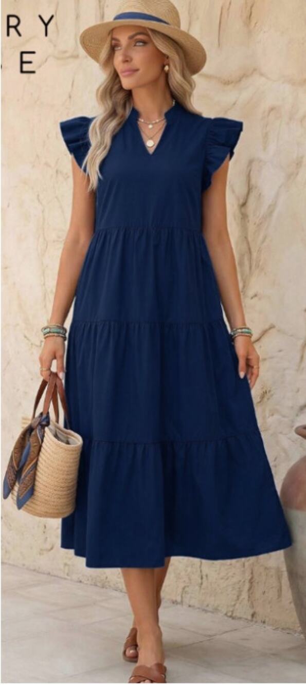 SHEIN Navy Blue Tiered Midi Dress Ruffle Flutter Sleeve V-Neck Women's Small